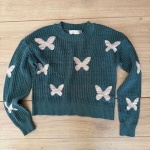 Kids Butterfly Patterned Green Sweater Size M